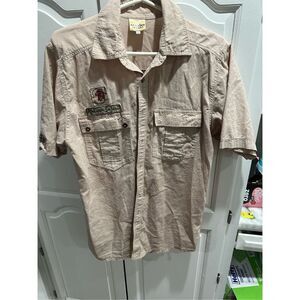 African Safari Short Sleeve Button Shirt Mens M Embroidered Patches Checked